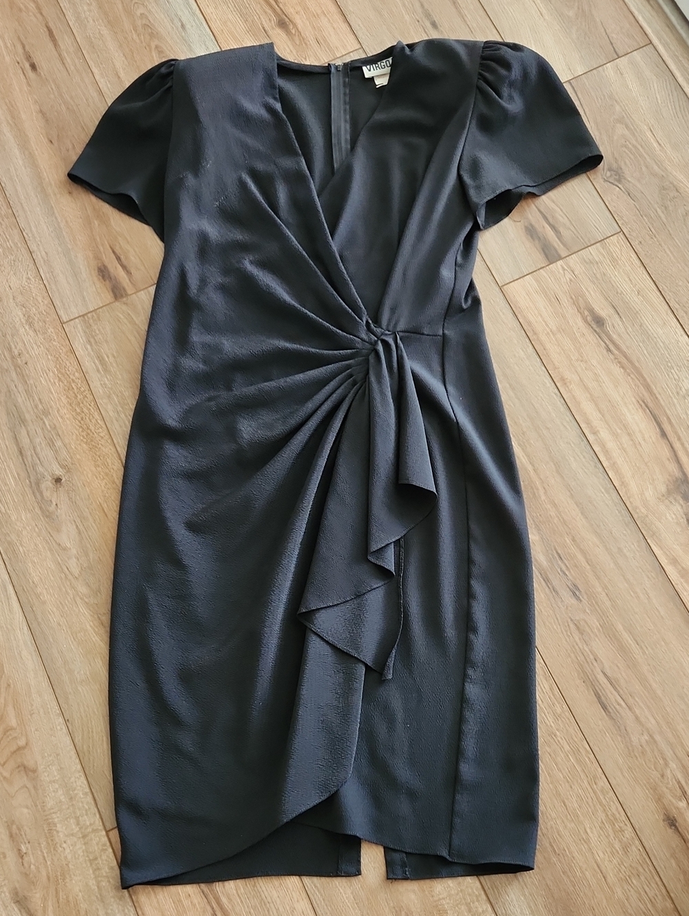 Vintage Virgo II Black Faux Wrap  Midi Dress Short Sleeve Body Con Size 12 USA
